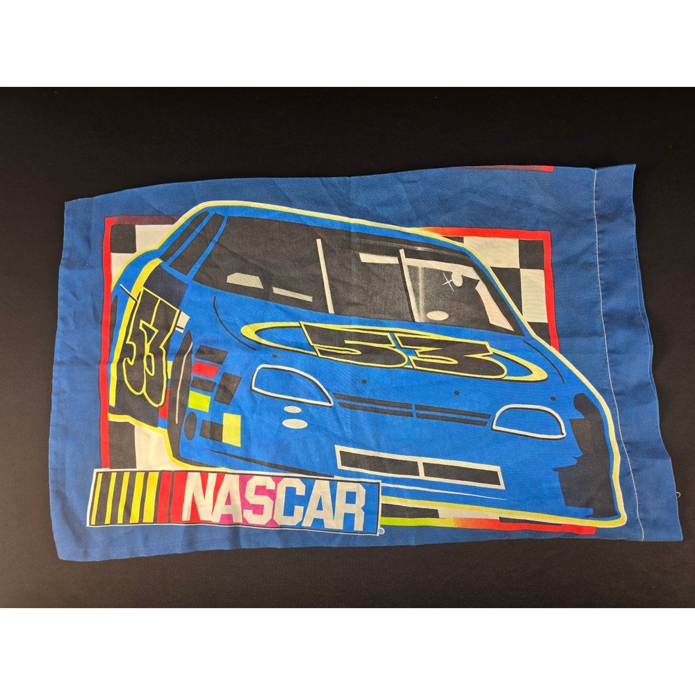 Vintage NASCAR Pillowcase 2 Sided Racing Stock Car Blue Teal #53 #63 Standard